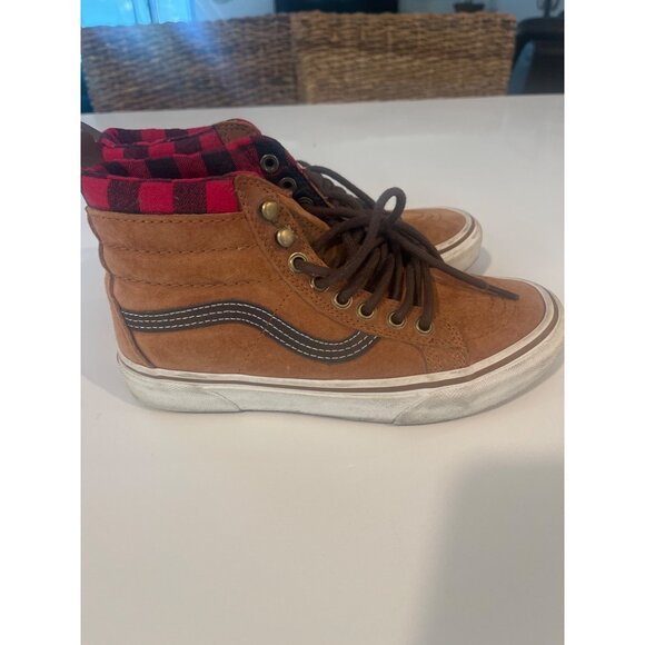 Vans Sk8-Hi Suede & Plaid High-Top Sneakers Brown/Red Size 6.5 M/Lace-Up Casual - Picture 1 of 10